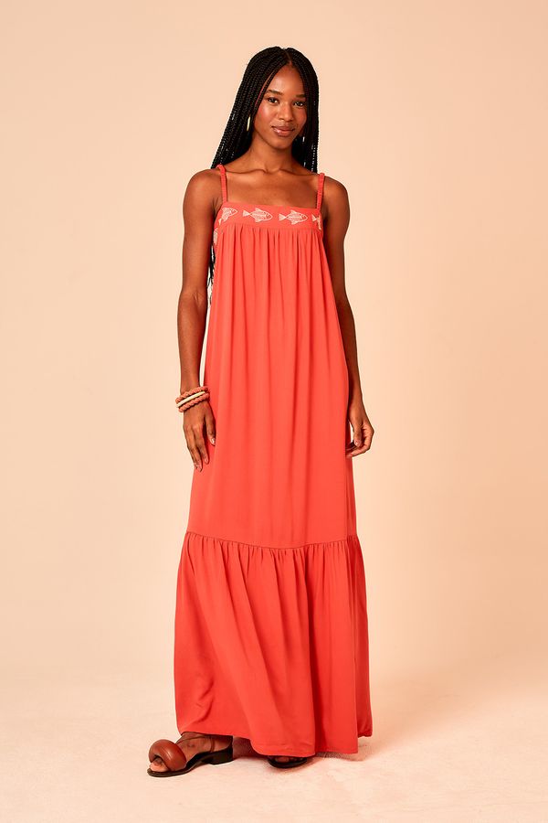 Vestido Longo Peixe Bordado - Vermelho