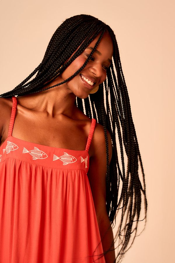 Vestido Longo Peixe Bordado - Vermelho