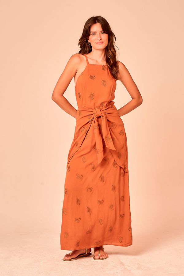Vestido Cropped Bordado Paisley - Ocre