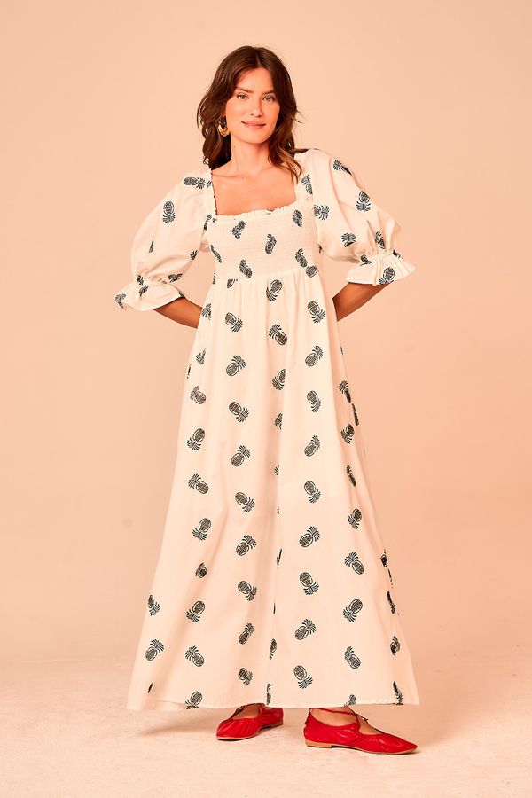 Vestido Manga Bordado Abacaxi - Off