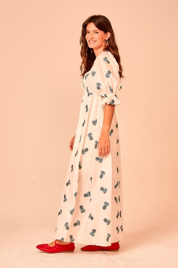 Vestido Manga Bordado Abacaxi - Off