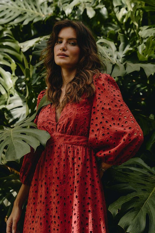 Vestido Laise Flower - Verde Selva Vermelho Tinto