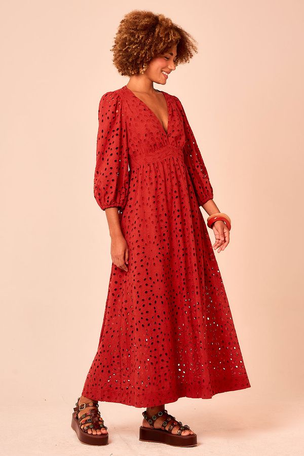 Vestido Laise Flower - Verde Selva Vermelho Tinto
